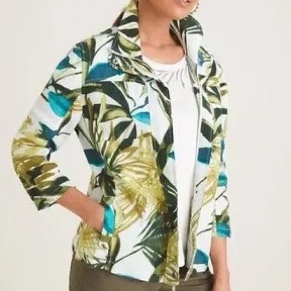 Chico's Zip Front Tropical Print Linen Jacket Size 0